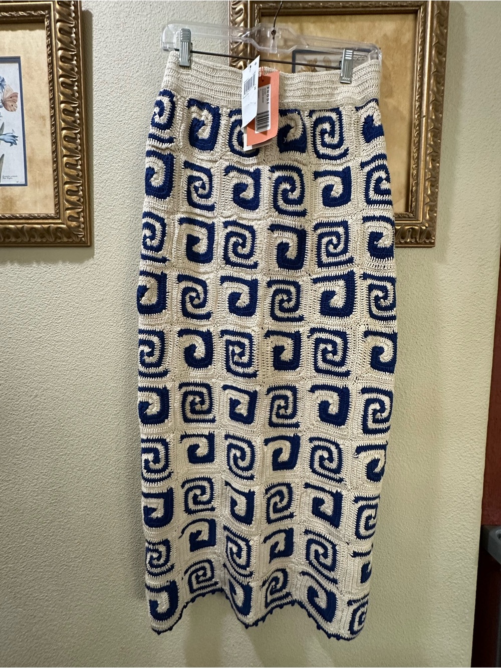 RHODE Size S Ana Midi Skirt Blue Swirl Crochet NWT